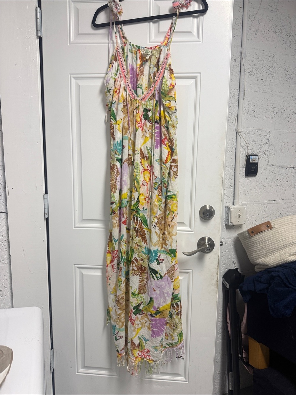 Floral Tropical Maxi Dress with Tie Straps Colorful Linen Tie Straps Size Large